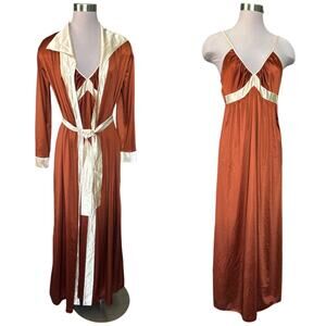 EUC Vintage 2 Piece Barad Nightgown and Robe Set Rust / Cream Fits Size S or 6